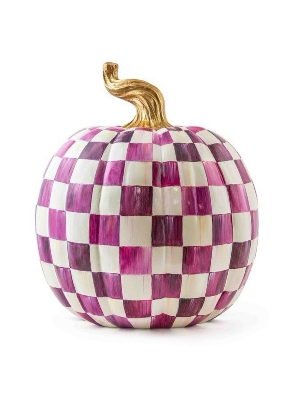 MacKenzie-Childs Plum Check Large Pumpkin 15” Purple Gold Stem Fall Decor